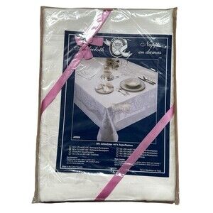 NOS NWT Vintage Home Studio Damask White Tablecloth - 62" by 84" Rectangular